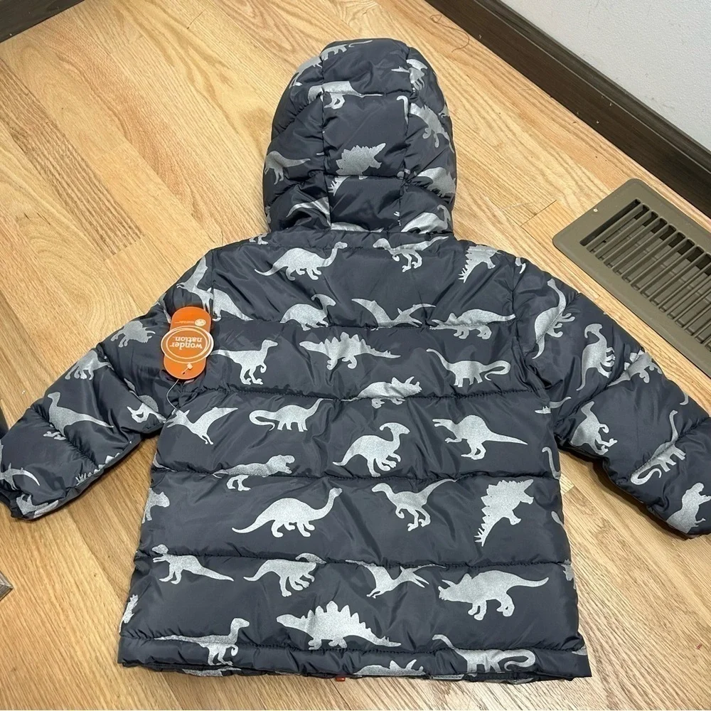 Wonder Nation Dinosaur Puffer Jacket NWT 3T Gray Orange Fleece Lined Kids